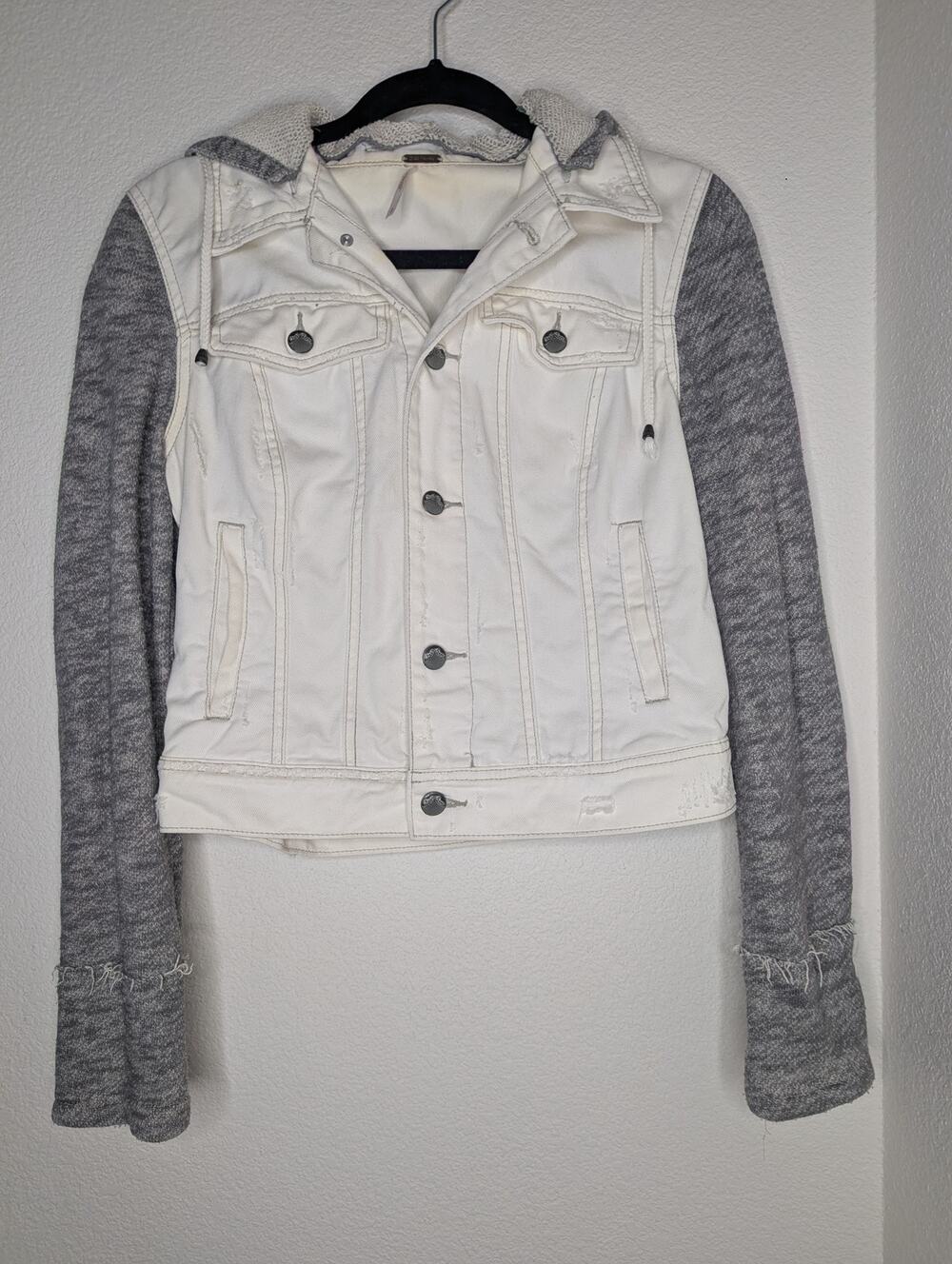 Free People White Denim Moto Jacket S Grey Knit Distressed Boho Punk Grunge Hood